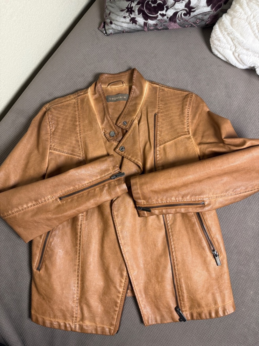 bagatelle Cognac Brown Faux Leather Bomber Jacket